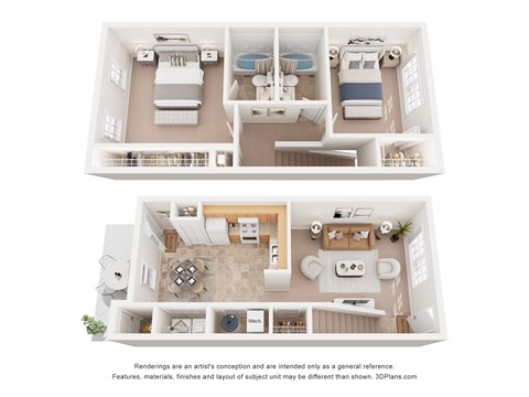 Floor plan for 2 beds, 2 baths, 1135 sqft